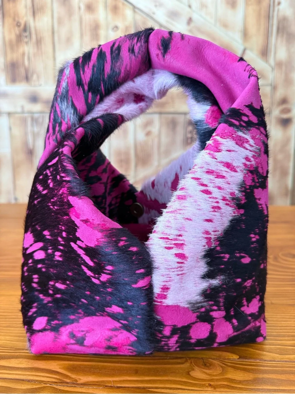 Pink and Black cowhide mini hobo Bag with Tassel Accessory and coin wallet